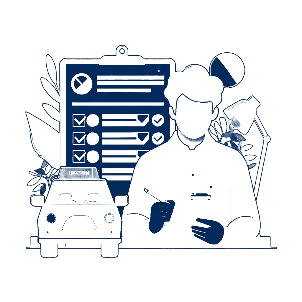 Booking enquiry illustration with a taxi and checklist