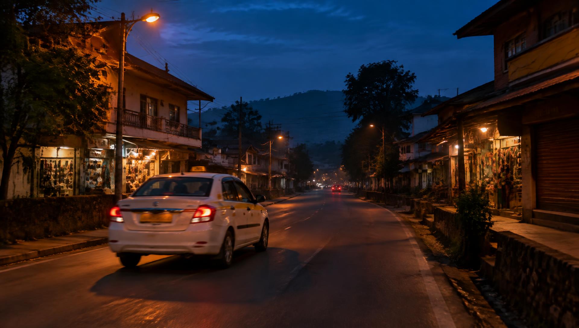 White taxi driving through a town street at dusk